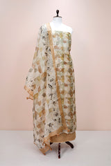 Sandalwood Geometrical Printed Organza Silk Dress Material - Chinaya Banaras