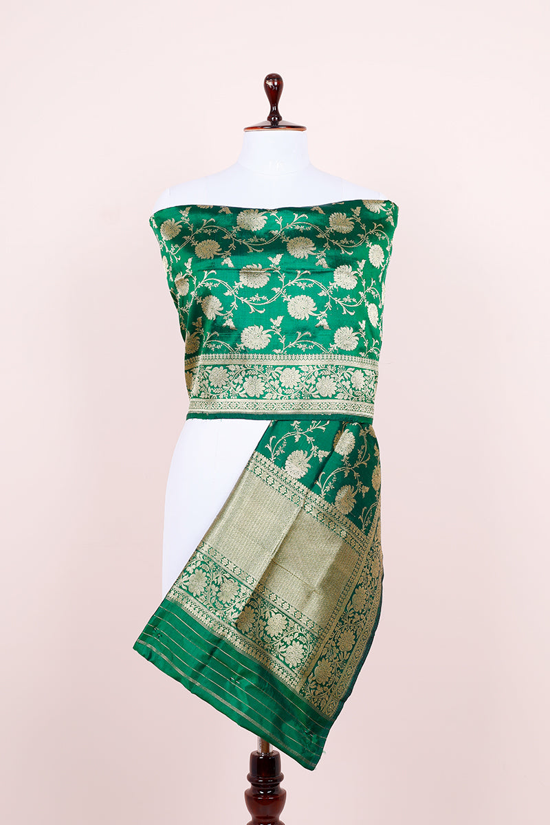 Avocado Green Handwovven Banarasi Silk Dupatta beautifully draped on dummy full view look by Chinaya Banaras