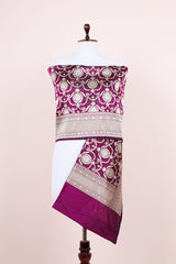 Hickory Purple Handwoven Banarasi Silk Dupatta beautifully draped on dummy full view look by Chinaya Banaras