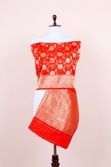 Rust Red Handwoven Banarasi Silk Dupatta beautifully draped on dummy full view look by Chinaya Banaras