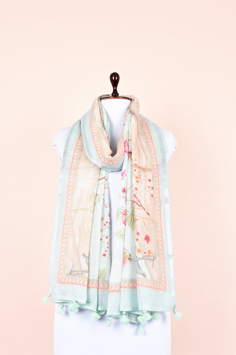 Powder Blue Floral Digital Printed Linen Dupatta By Chinaya Banaras 