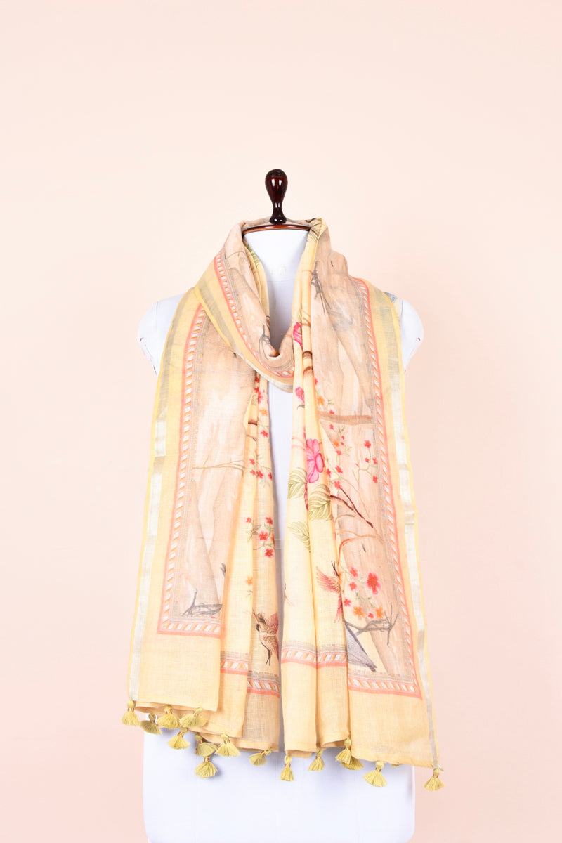 Yellow Floral Digital Printed Linen Dupatta At  Chinaya Banaras 