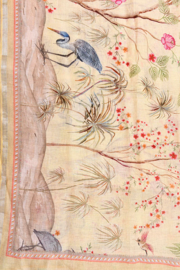 Sandcastle Yellow Floral Digital Printed Linen Dupatta - Chinaya Banaras
