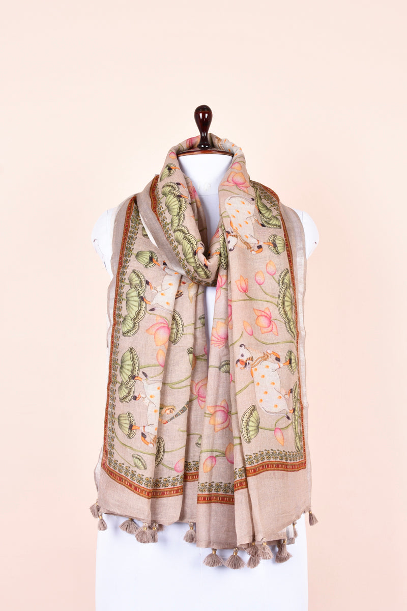 Rust Mauve Pichwai Digital Printed Linen Dupatta By Chinaya Banaras 