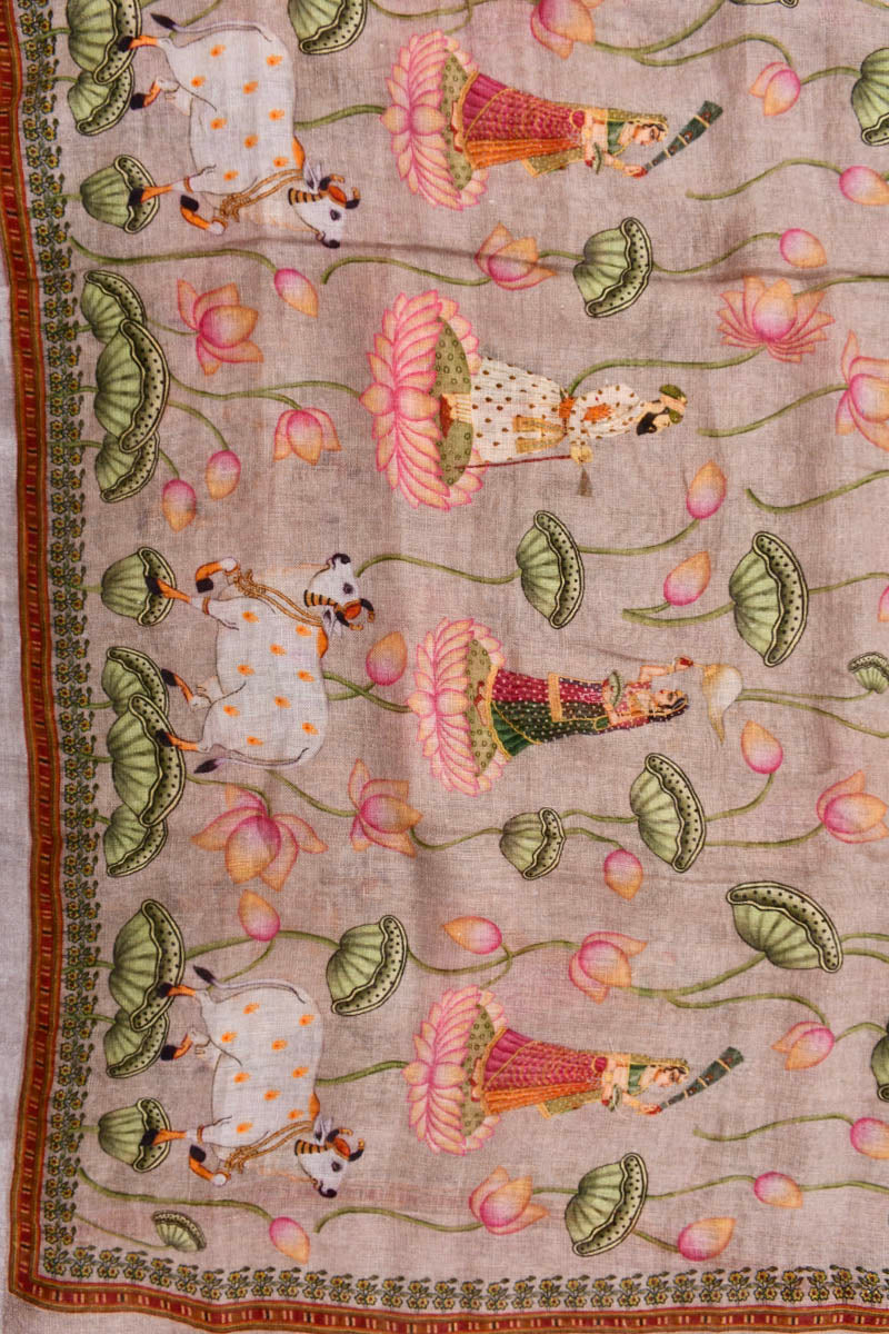Rust Mauve Pichwai Digital Printed Linen Dupatta