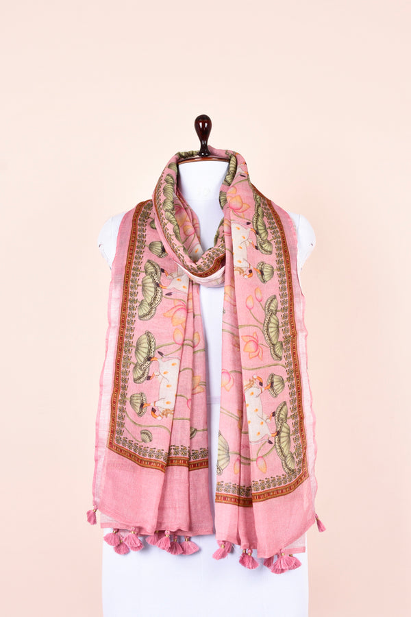 Rose Pink Pichwai Digital Printed Linen Dupatta At Chinaya banaras 