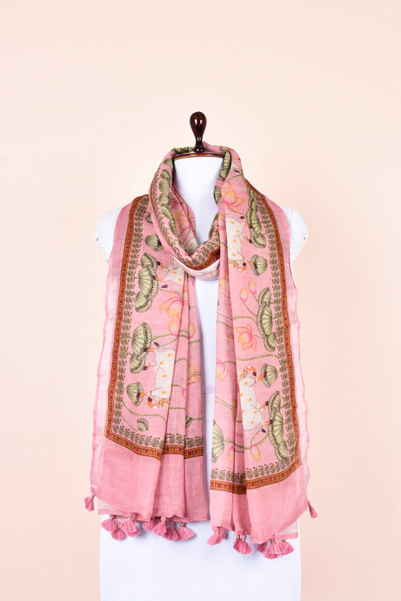 Dupatta, pink Dupatta​, Pichwai Dupatta, Dupatta for women, Printed Dupatta, Linen Dupatta​
