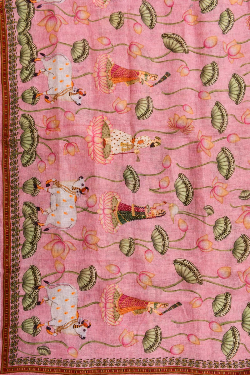 Rose Pink Pichwai Digital Printed Linen Dupatta - Chinaya Banaras