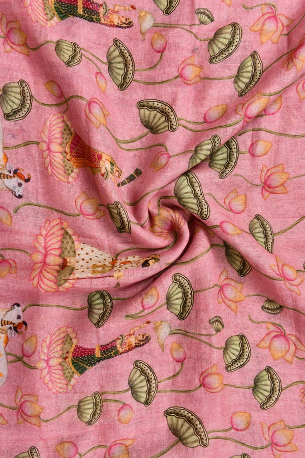 Rose Pink Pichwai Digital Printed Linen Dupatta - Chinaya Banaras