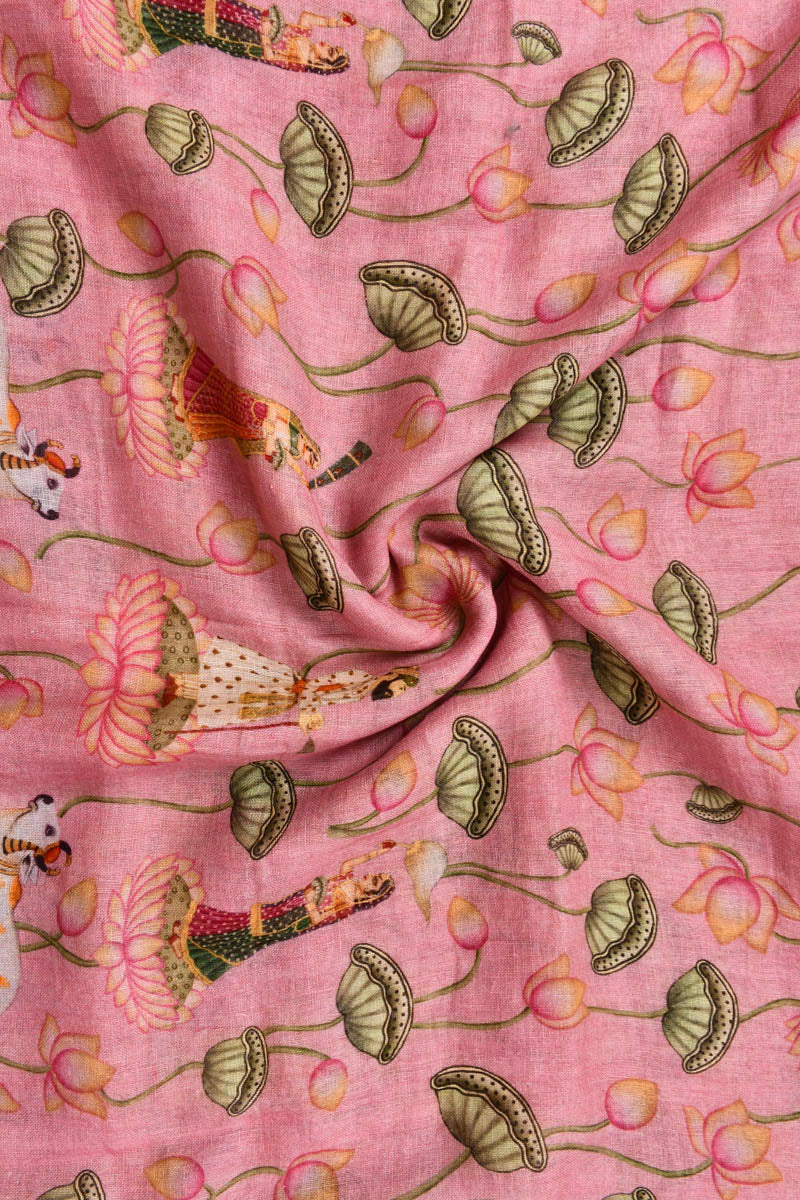 Rose Pink Pichwai Digital Printed Linen Dupatta - Chinaya Banaras