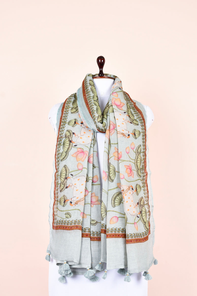 Light Blue Pichwai Digital Printed Linen Dupatta  By Chinaya Banaras 