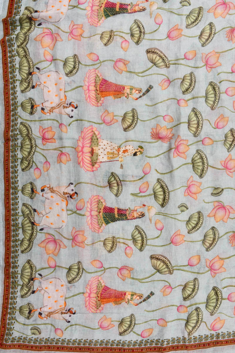 Light Blue Pichwai Digital Printed Linen Dupatta