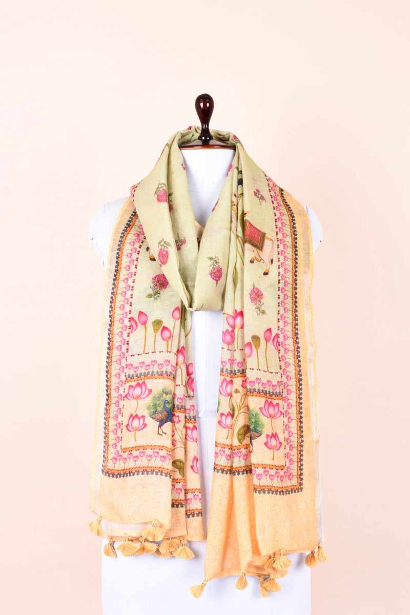  Dupatta, Timid Green  Dupatta​, Pichwai Dupatta, Dupatta for women, Printed Dupatta, Linen Dupatta​
