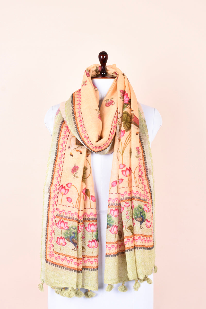 Pastel  Orange Pichwai Digital Printed Linen Dupatta