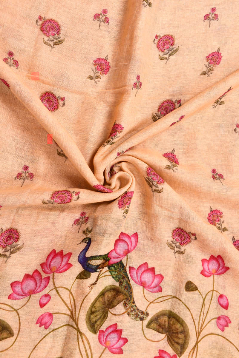 Pastel Orange Pichwai Digital Printed Linen Dupatta - Chinaya Banaras