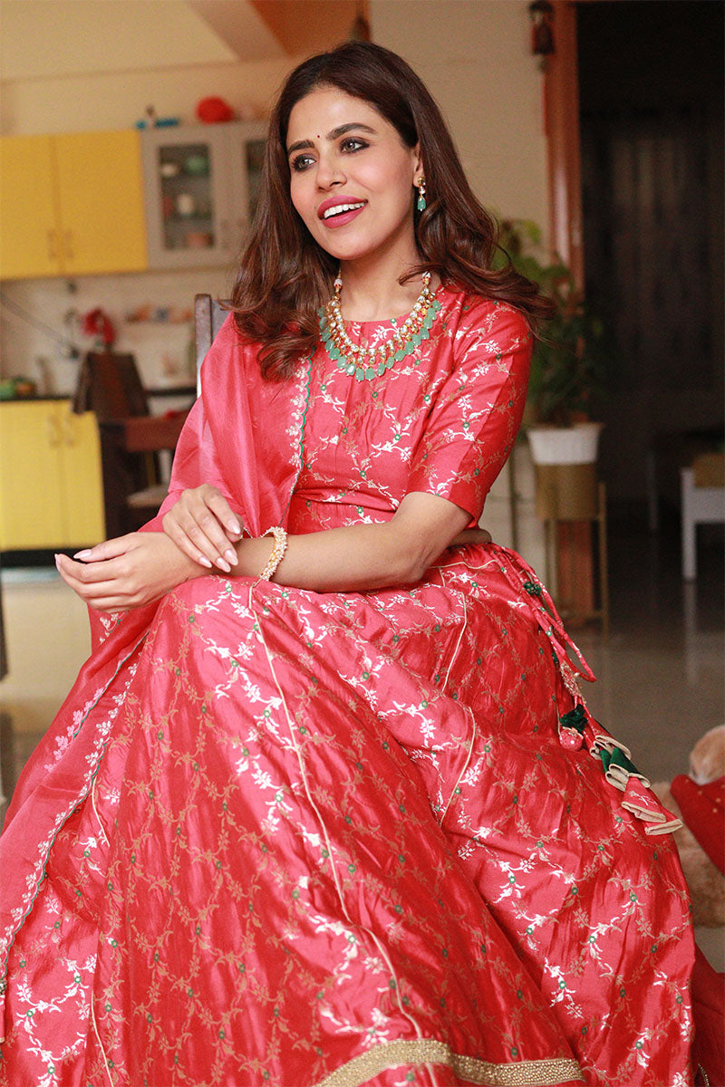  Red Mulberry Silk Lehenga Set At Chinaya Banaras