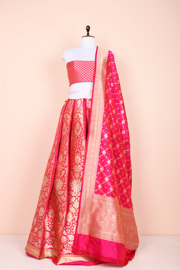 Draped Beautifully Crimson Pink Handwoven Banarasi Silk Lehenga Set By Chinaya Banaras
