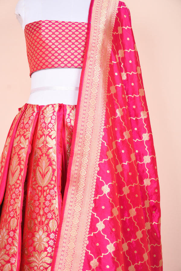 Crimson Pink Handwoven Banarasi Silk Lehenga Set