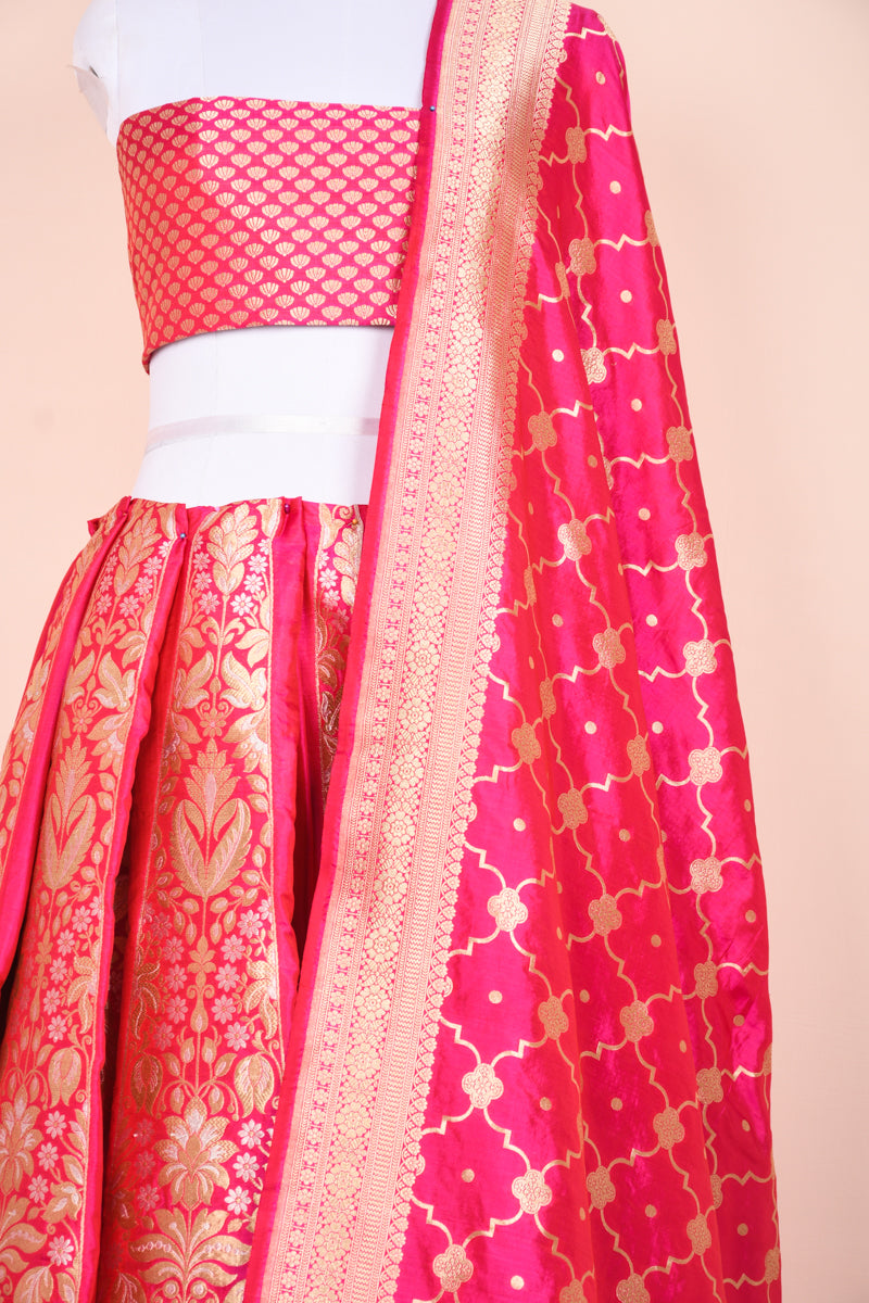 Crimson Pink Handwoven Banarasi Silk Lehenga Set - Chinaya Banaras