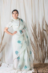 Kompal Matta Kapoor In Mayil Blue Organza Silk Handpainted Saree - Chinaya Banaras