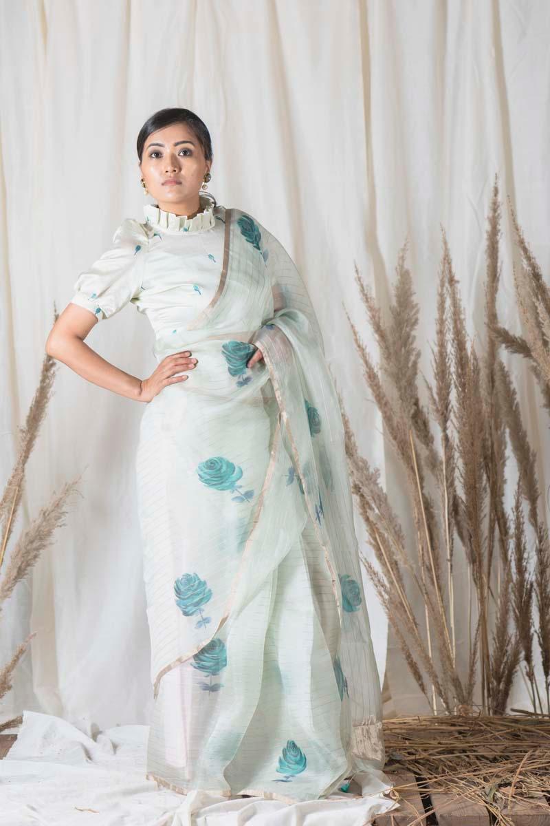 Kompal Matta Kapoor In Mayil Blue Organza Silk Handpainted Saree - Chinaya Banaras