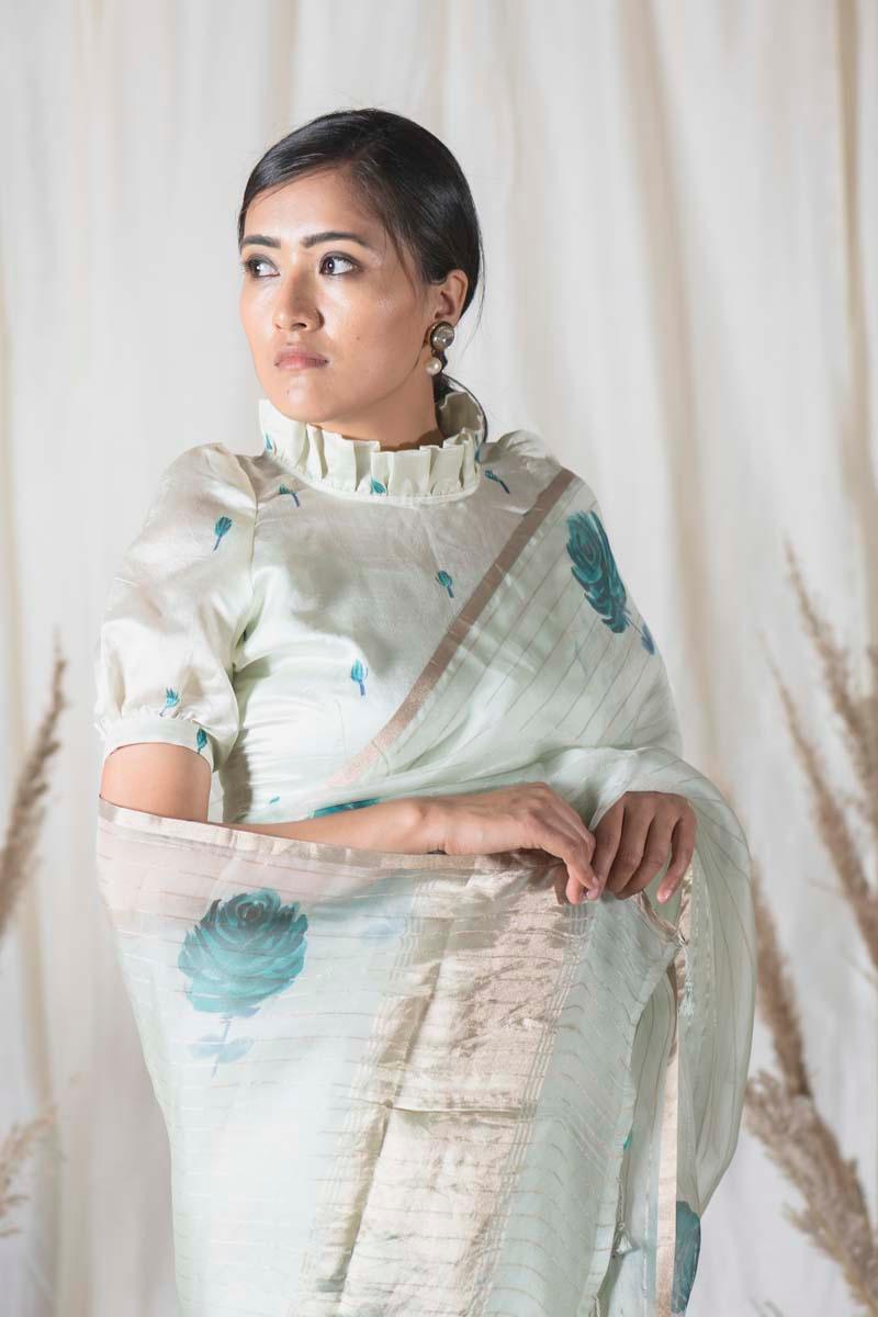 Kompal Matta Kapoor In Mayil Blue Organza Silk Handpainted Saree - Chinaya Banaras