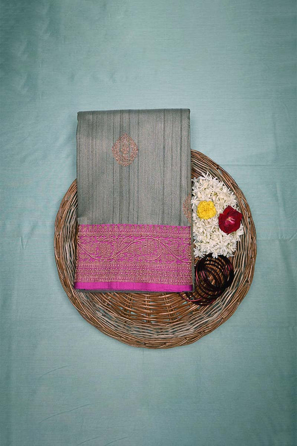 Grey Pink Tussar Silk Saree-Chinaya Banaras