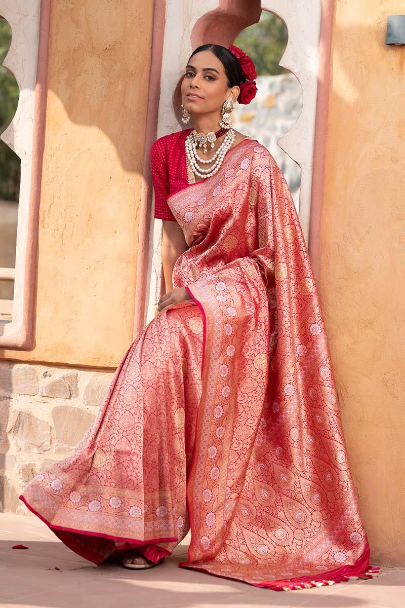 Rosegold Gleam Pink Kadhwa Weave Banarasi Silk Saree