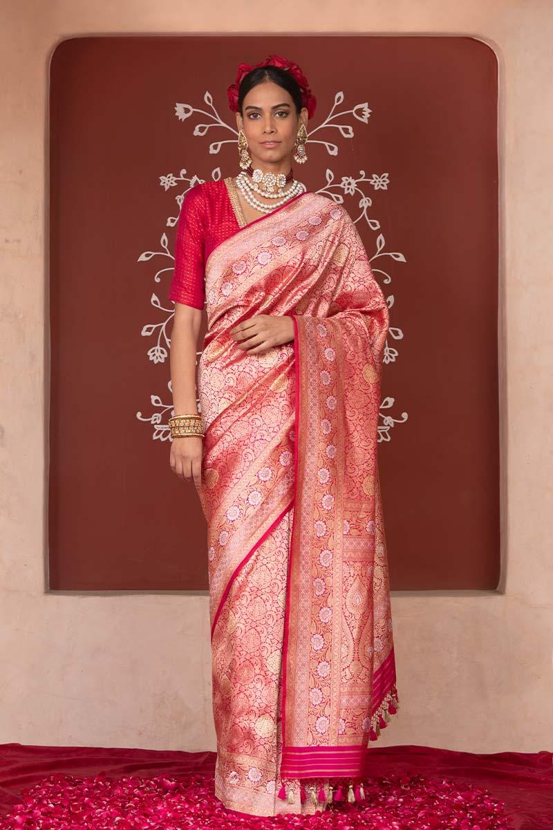 Rosegold Gleam Pink Kadhwa Weave Banarasi Silk Saree - Chinaya Banaras