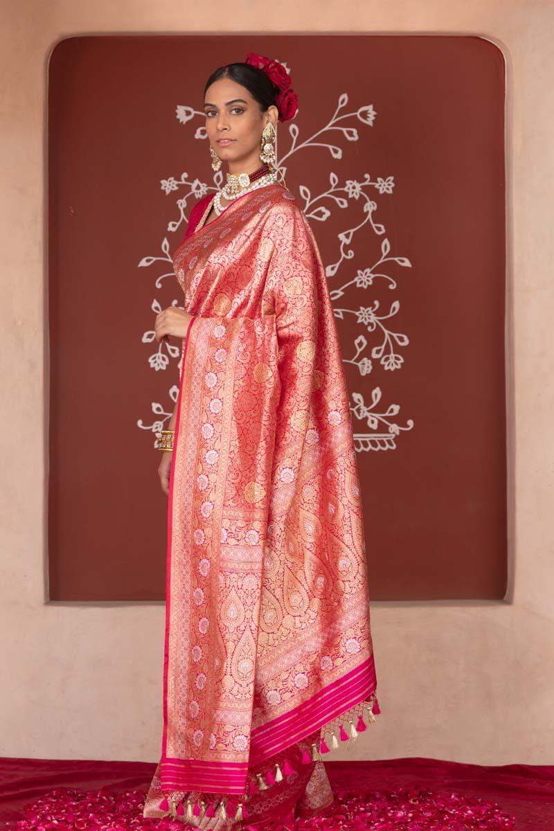 Rosegold Gleam Pink Kadhwa Weave Banarasi Silk Saree - Chinaya Banaras