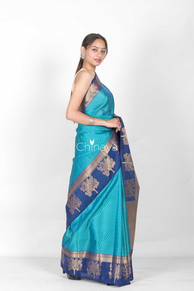 Sky Blue Woven Banarasi Kora Tanchoi Saree