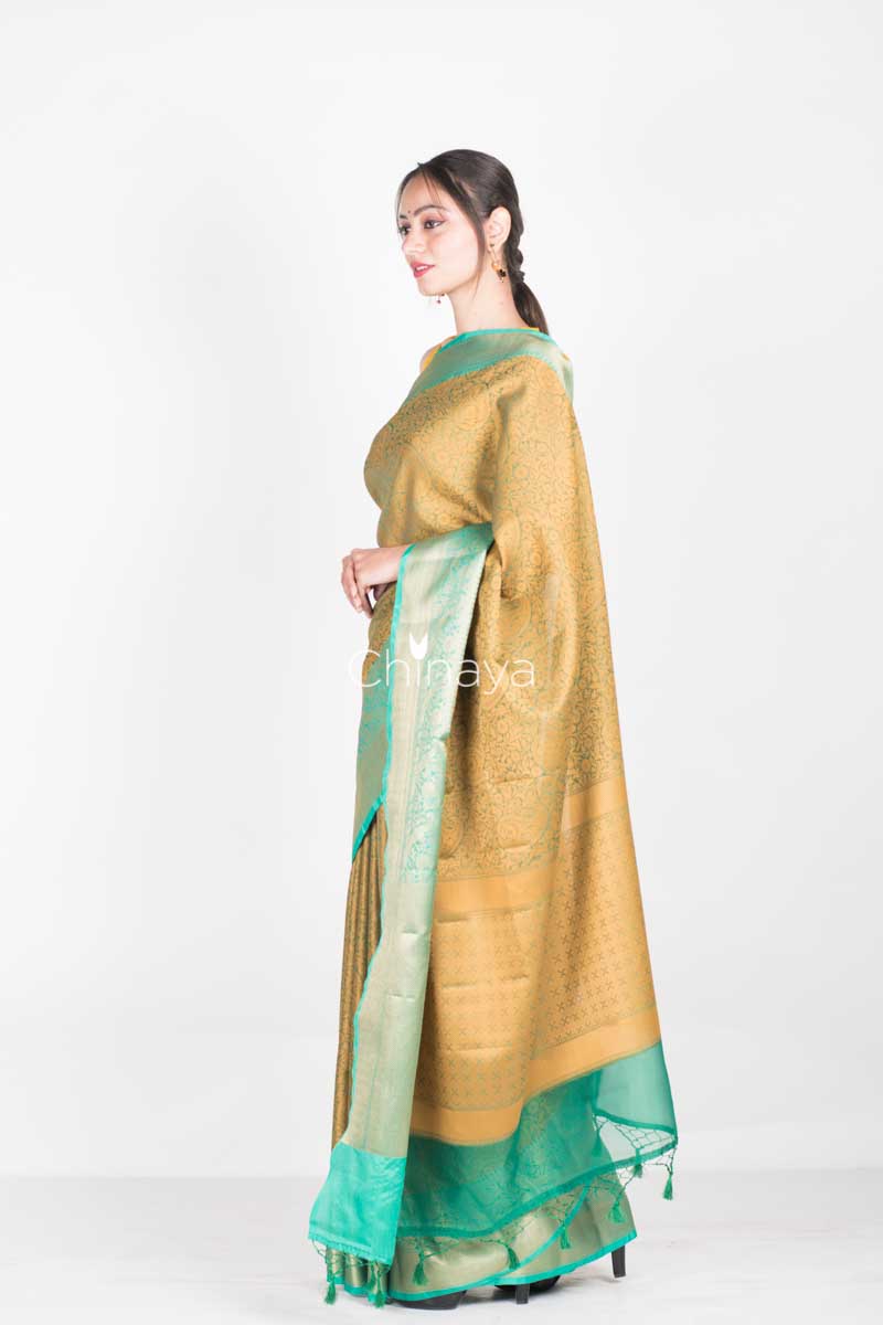 Olive Green Woven Banarasi Kora Saree