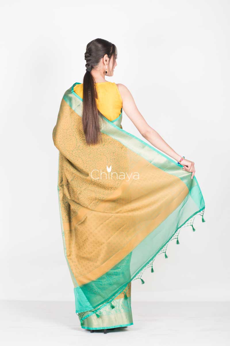 Olive Green Woven Banarasi Kora Saree