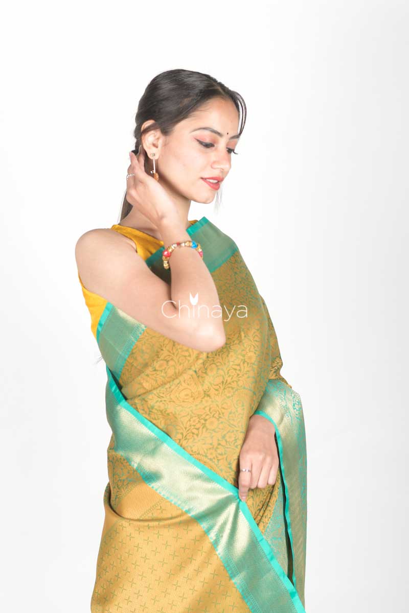 Olive Green Woven Banarasi Kora Saree