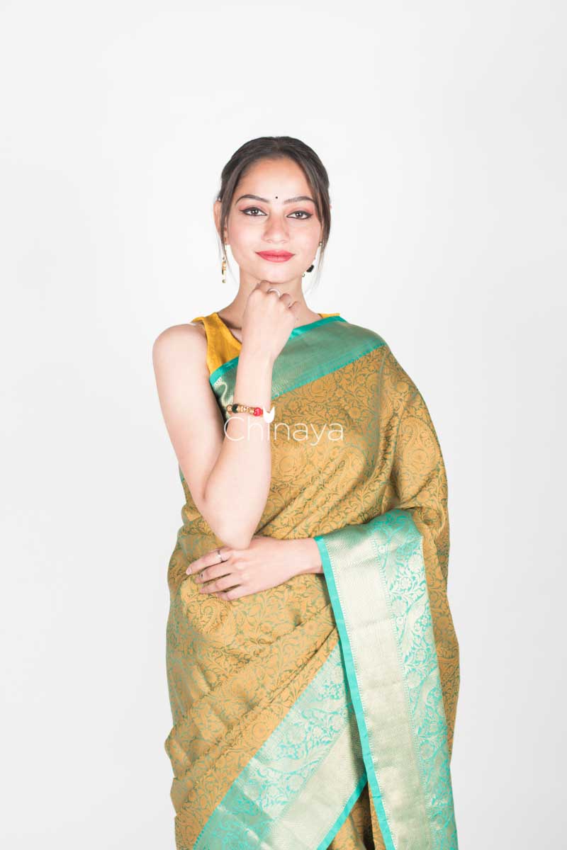 Olive Green Woven Banarasi Kora Saree