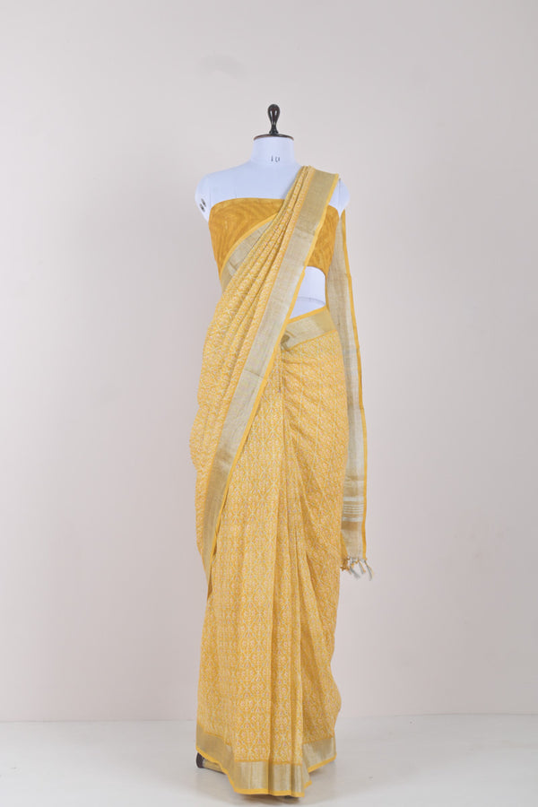 Draped Beautifully Mustard Yellow Block Printed Linen Saree By Chinaya Banaras 