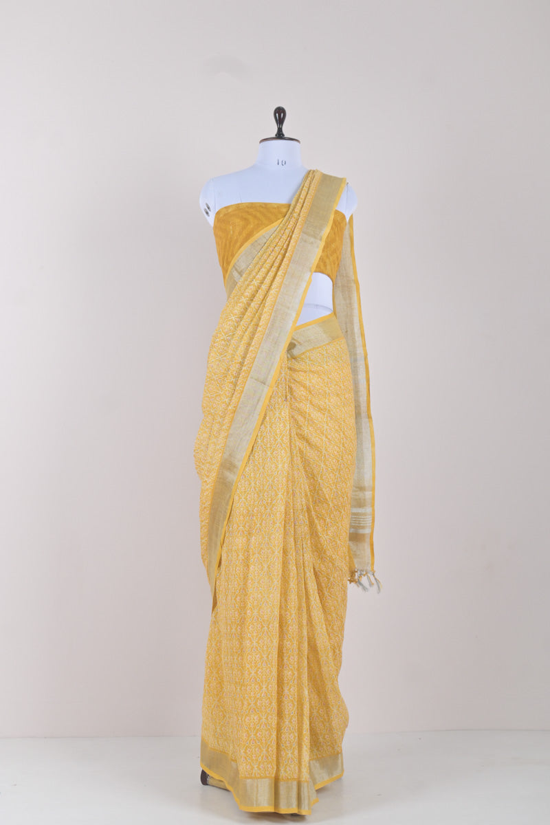 Draped Beautifully Mustard Yellow Block Printed Linen Saree By Chinaya Banaras 