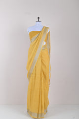 Draped Beautifully By Sunflower Yellow Block Printed Linen Saree  By Chinaya Banaras 