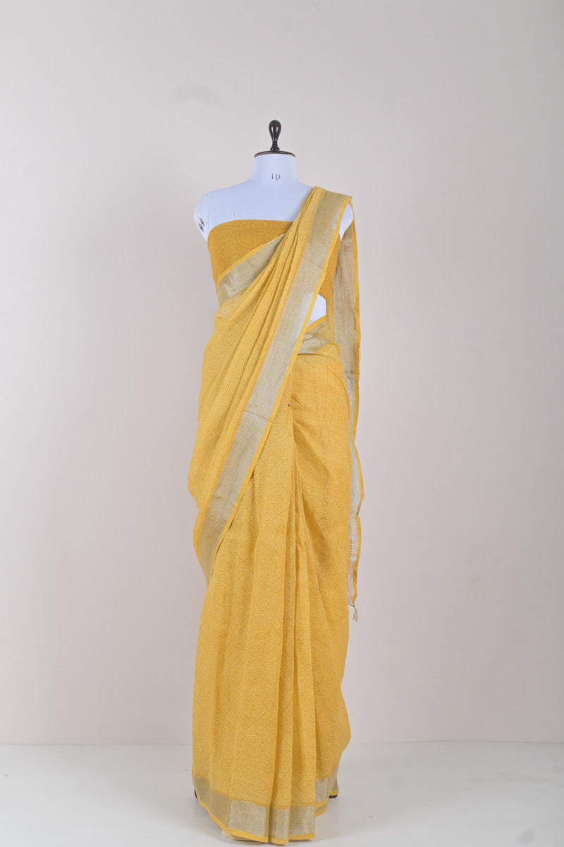 Draped Beautifully By Sunflower Yellow Block Printed Linen Saree  By Chinaya Banaras 