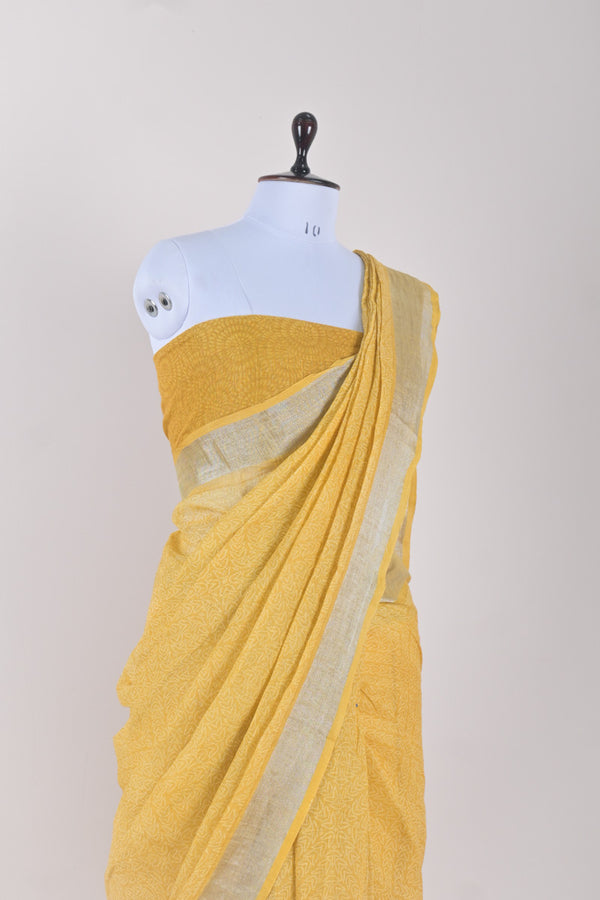 Sunflower Yellow Block Printed Linen  Saree