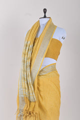 Sunflower Yellow Block Printed Linen  Saree
