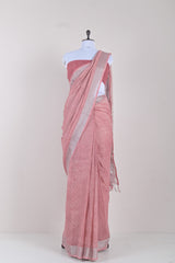 Draped Beautifully Pastel Pink Block Printed Linen Saree By Chinaya Banaras