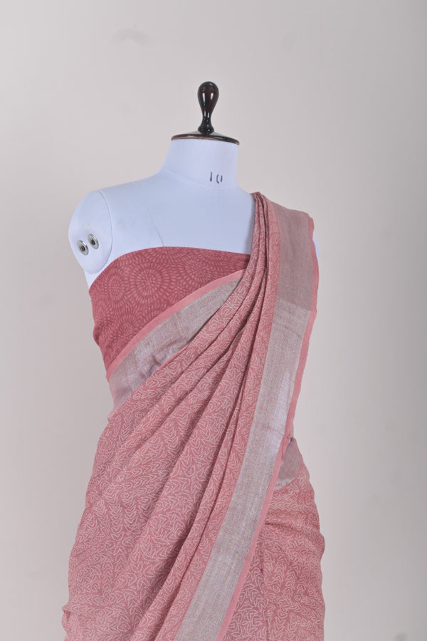 Pastel Pink Block Printed Linen  Saree