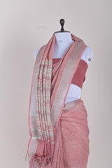 Pastel Pink Block Printed Linen  Saree