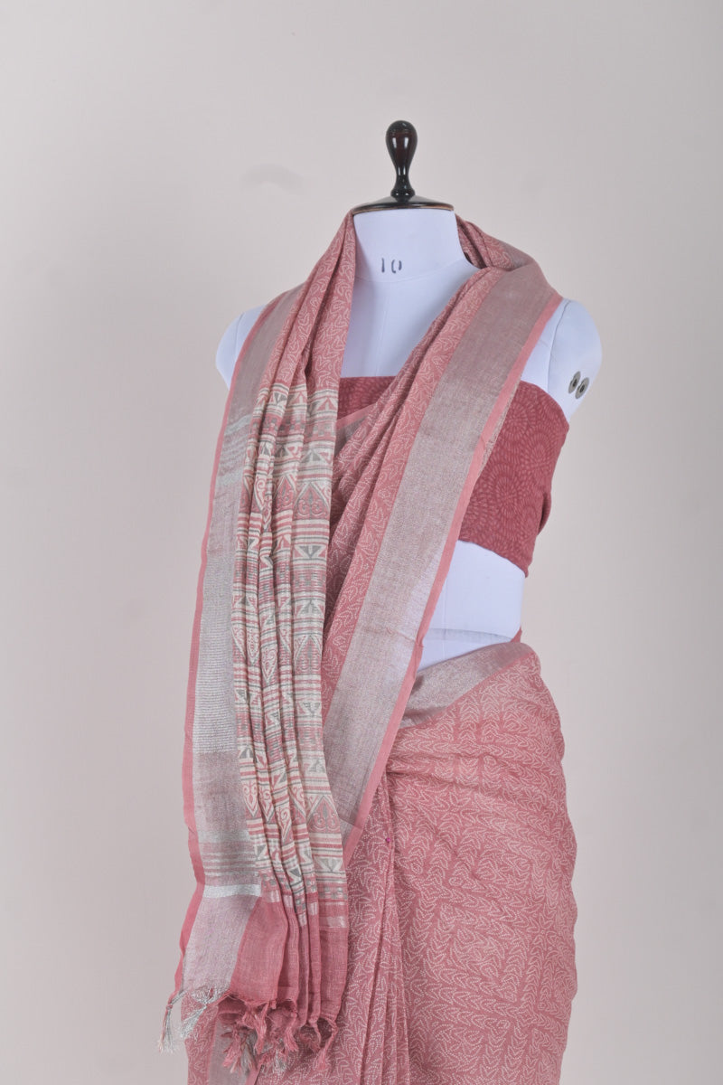 Pastel Pink Block Printed Linen  Saree