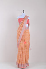 Draped Beautifully Papaya Peach Block Printed Linen Saree By Chinaya Banaras 