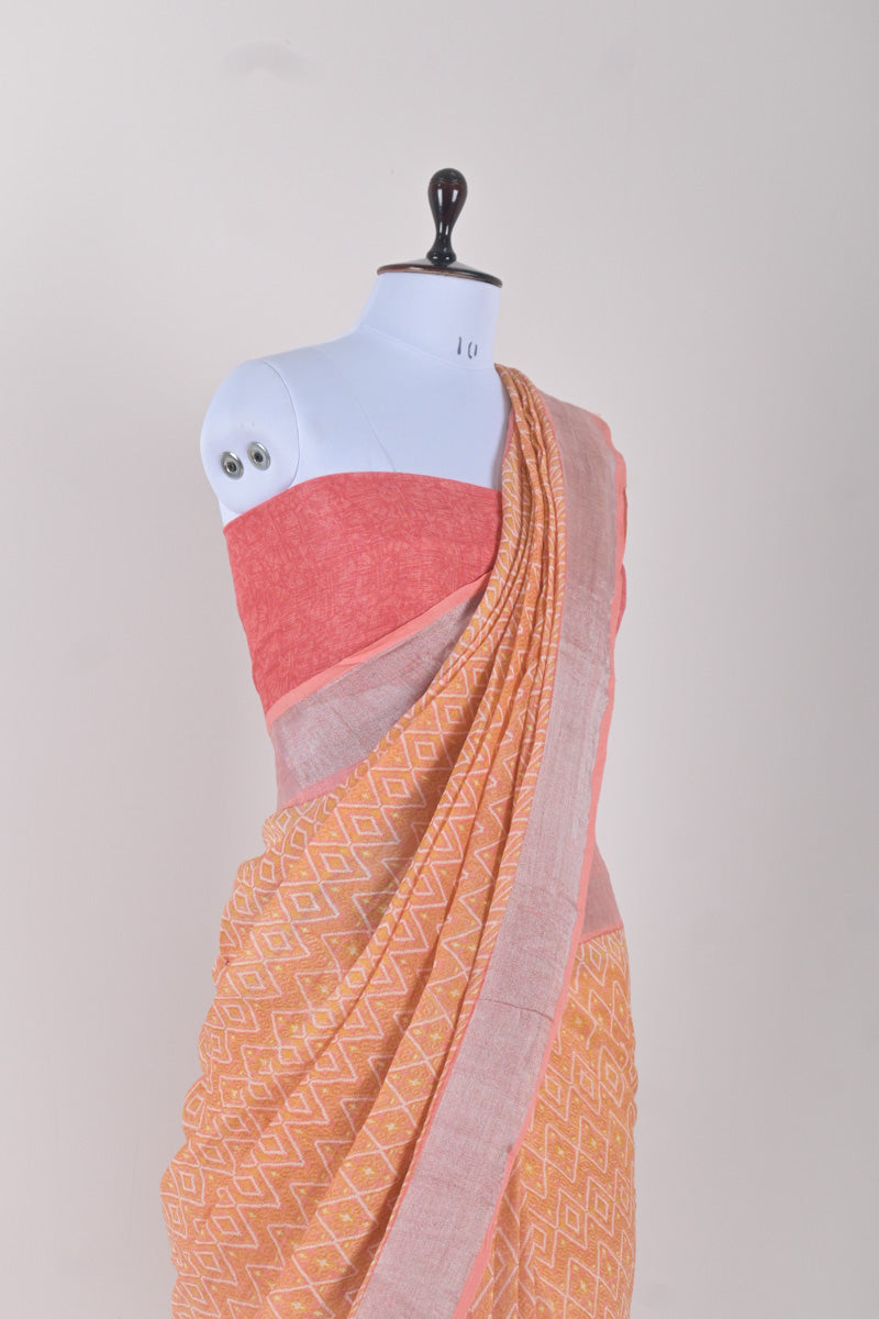 Papaya Peach Block Printed Linen Saree