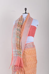 Papaya Peach Block Printed Linen Saree