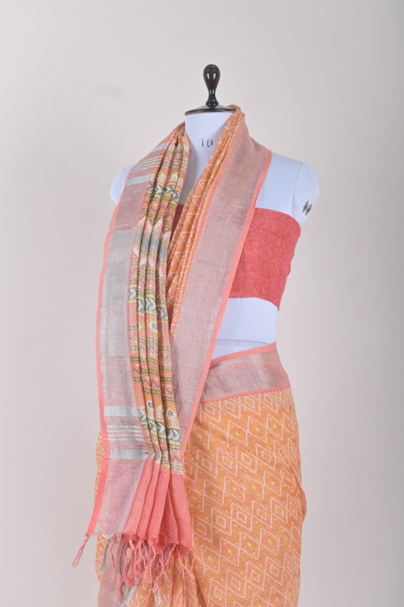 Papaya Peach Block Printed Linen Saree