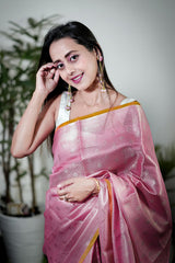 Pink Woven Banarasi Cotton Saree by Chinaya Banaras